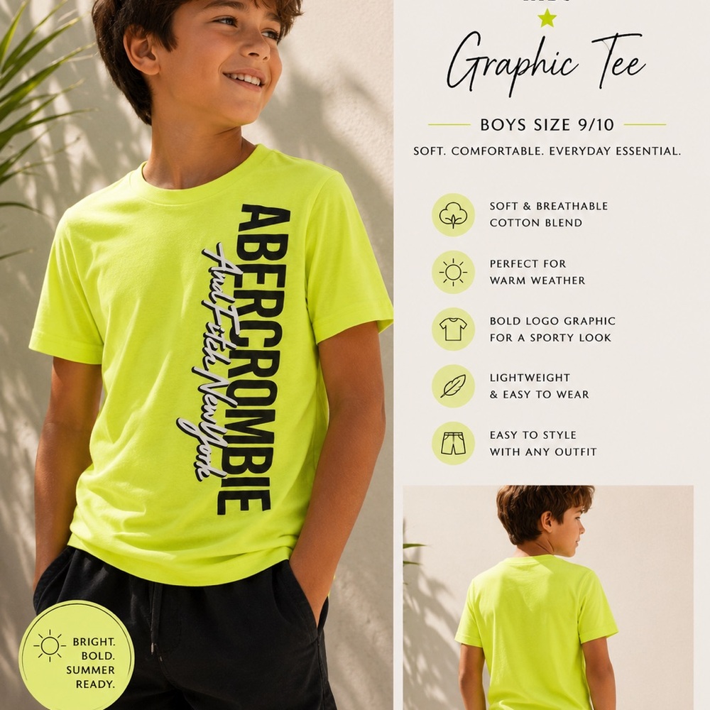 🌟 Abercrombie Kids Neon Graphic Tee | Boys Size 9/10